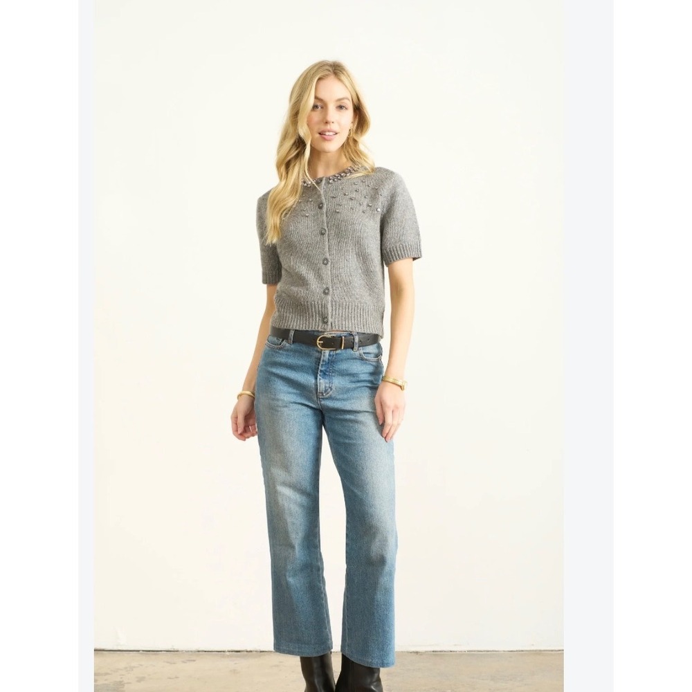 Bobeau Womens 1X Heather Gray Jewel Embellished Short Sleeve Cardigan Sweater